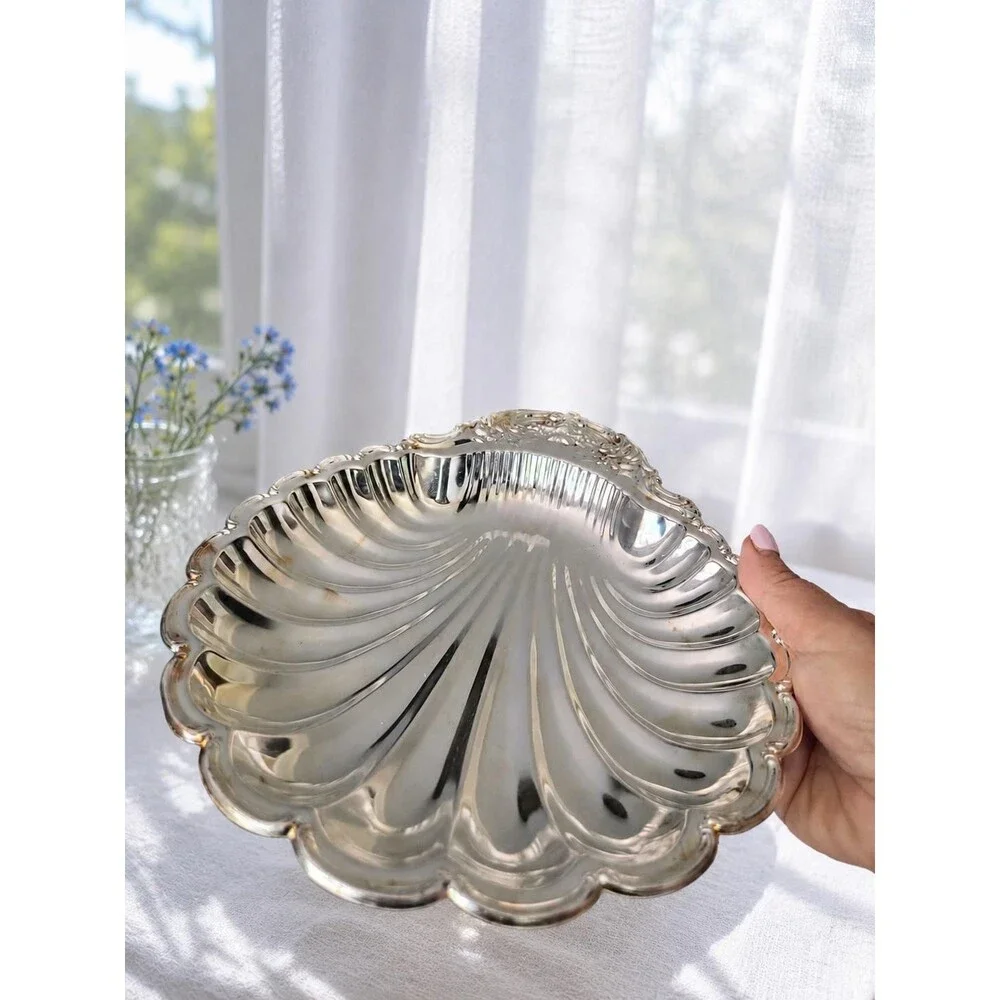 Vintage Silverplate Shell Serving Dish Ornate Scallop Bowl 11 Inches